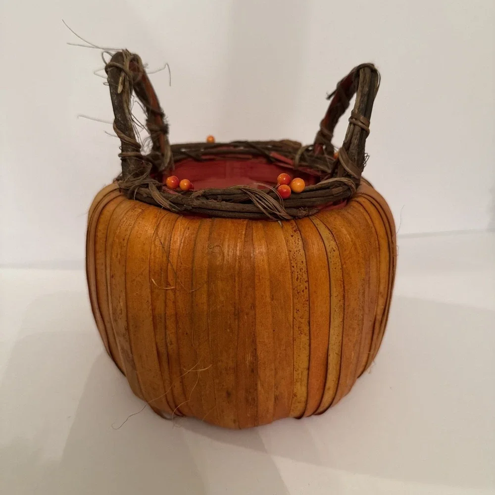 Fall Harvest Pumpkin Basket Decorative Woven Orange Small Autumn Decor 7x6